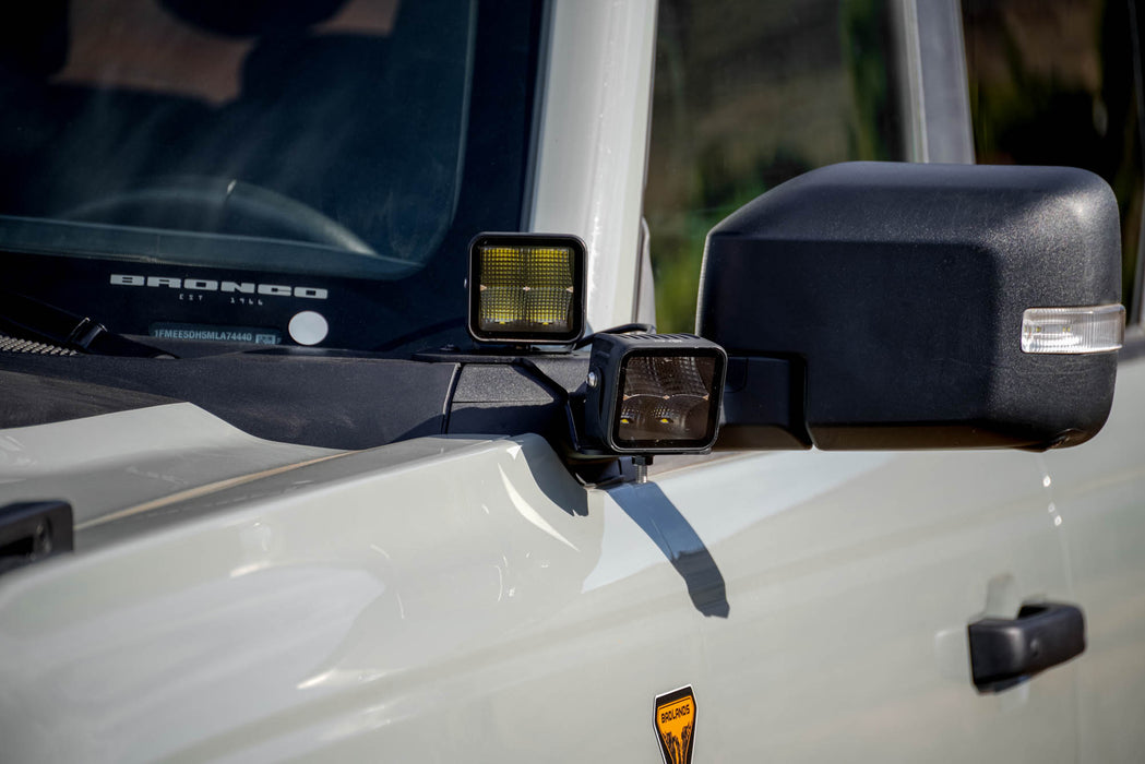 A-Pillar Dual Light Pod Drop Mounts for the 2021-2023 Ford Bronco with two pod lights installed