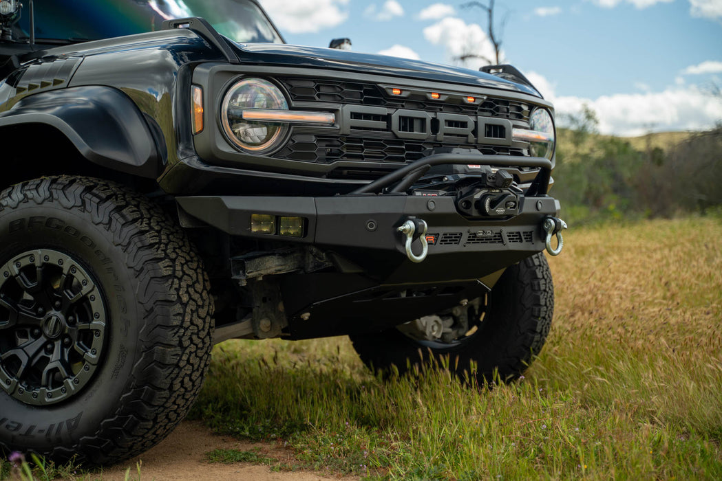 Corner view of the Spec Series Winch Front Bumper for the 2021-2024 Ford Bronco Raptor