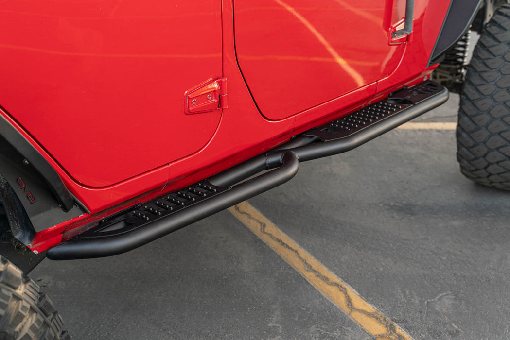 OE Plus Side Steps for the 2007-2018 4-Door Jeep Wrangler JK mounted to pinch welds