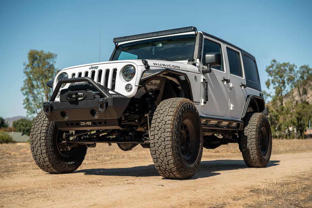 White Rubicon with aftermarket bumper and 2007-2018 Jeep Wrangler JK Front Skid Plate