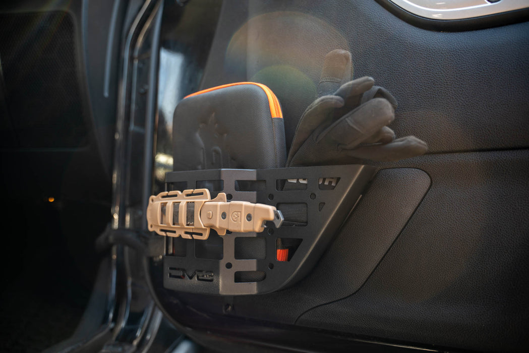 Gloves, tools, and sheathe with the Front Door Pocket Molle Panels for the 2011-2018 Jeep Wrangler JK