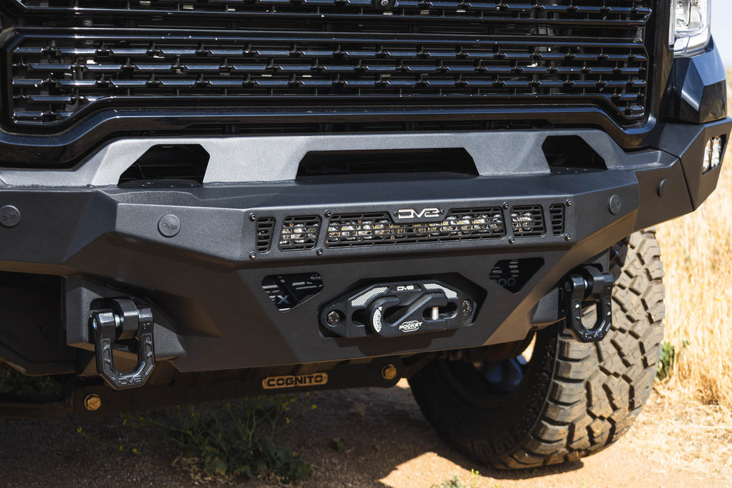 The Spec Series Front Bumper for the 2020-2023 GMC Sierra 2500/3500 is winch capable with a hidden winch mount