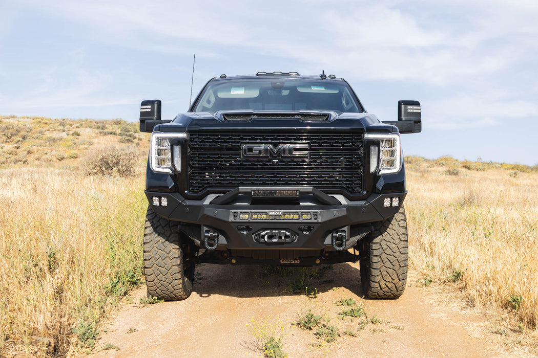 Front view of Spec Series Front Bumper for the 2020-2023 GMC Sierra 2500/3500 with the optional bull bar installed