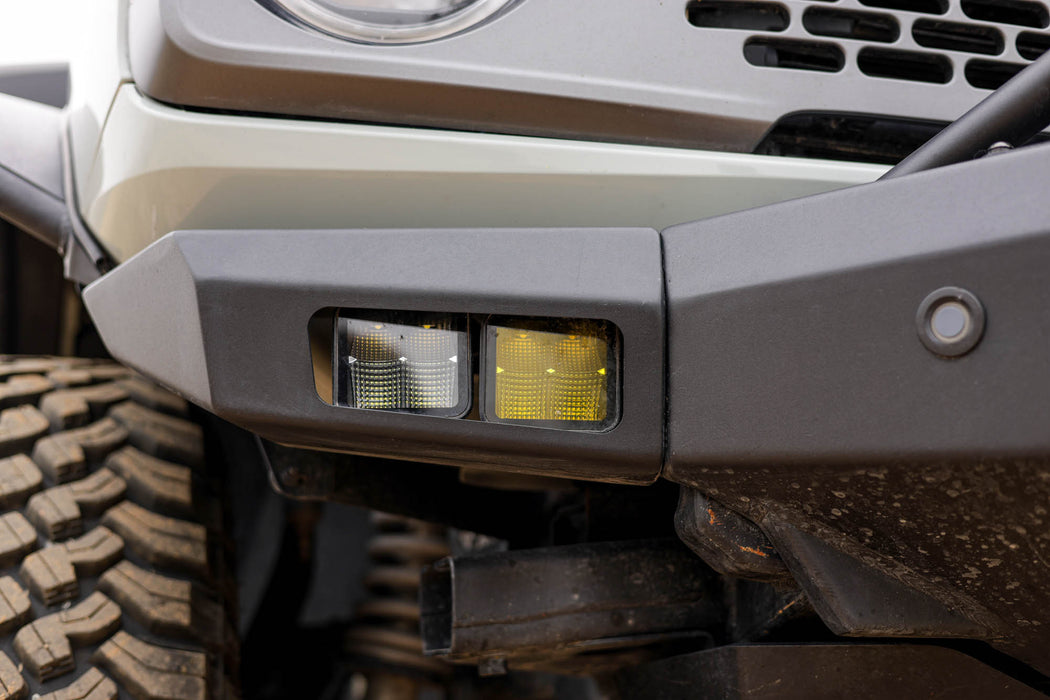 Dual pod lights mounted on the wing of the Spec Series Front Bumper for the 5th Gen Ford Bronco