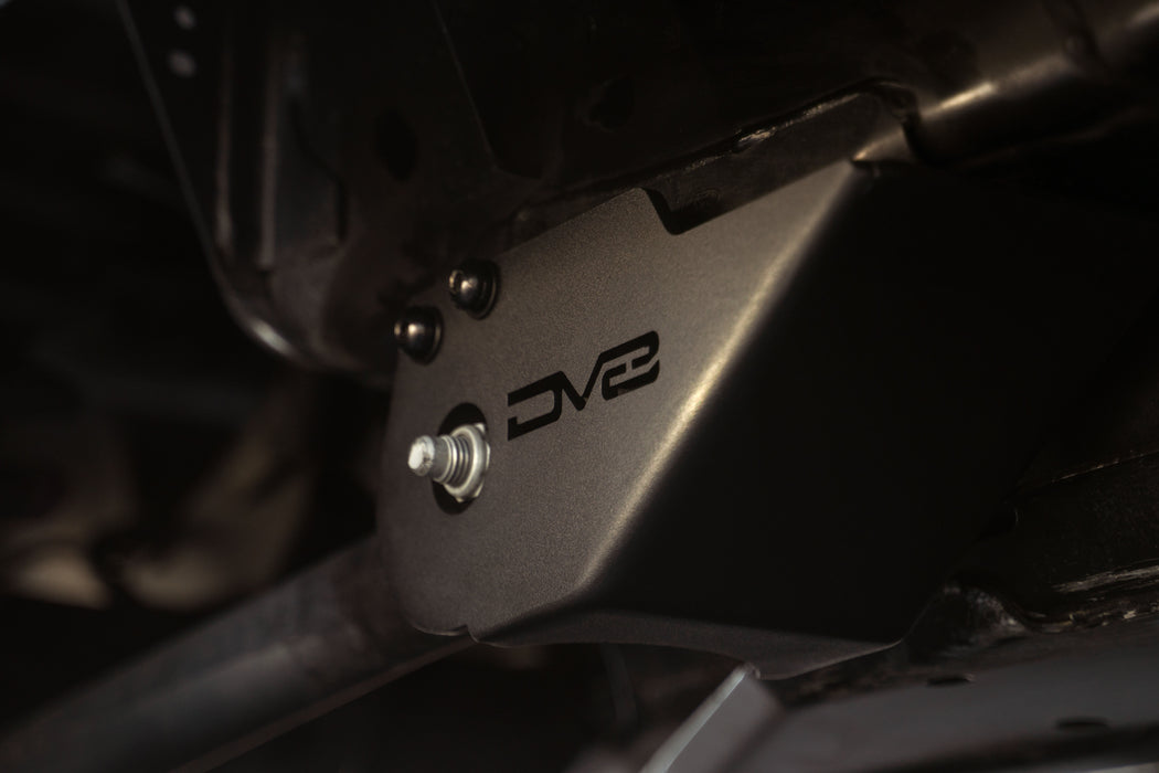 DV8 Logo Cutout on the Trailing Arm Skid Plate installed on the 2021-2023 Ford Bronco