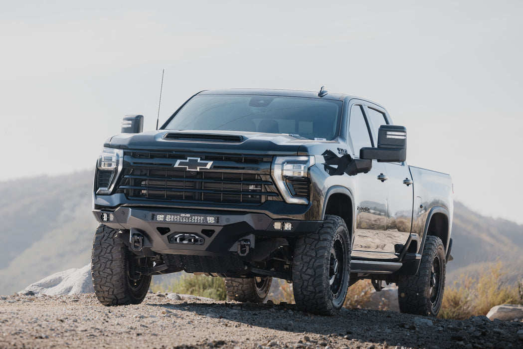 2024-2026 Chevy Silverado 2500/3500  with our Spec Series Front Bumper, fully kitted with lighting and winch.