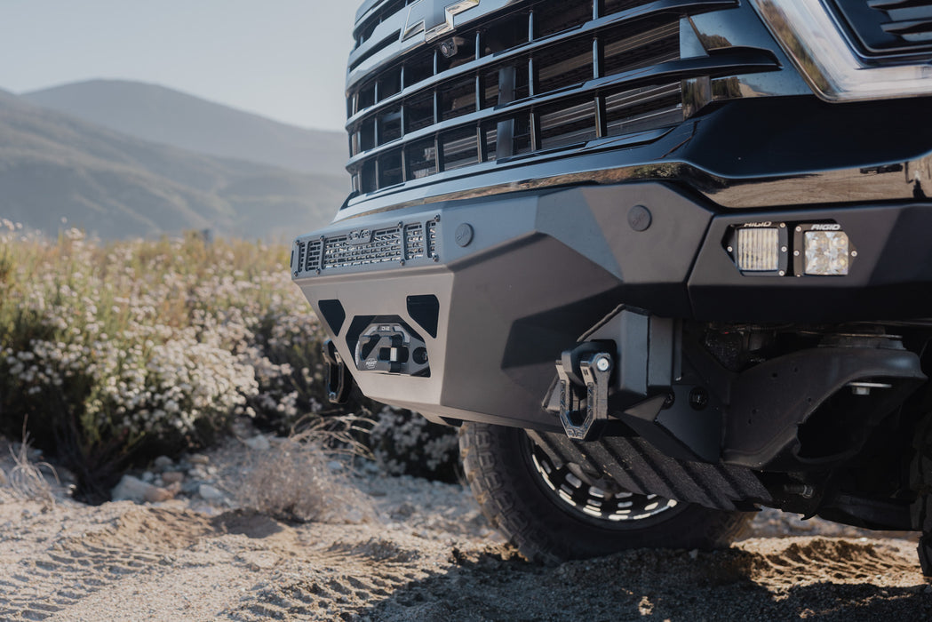 A 2024-2026 Chevy Silverado 2500/3500 with our Spec Series Front Bumper can mount a full size winch in a concealed manner.
