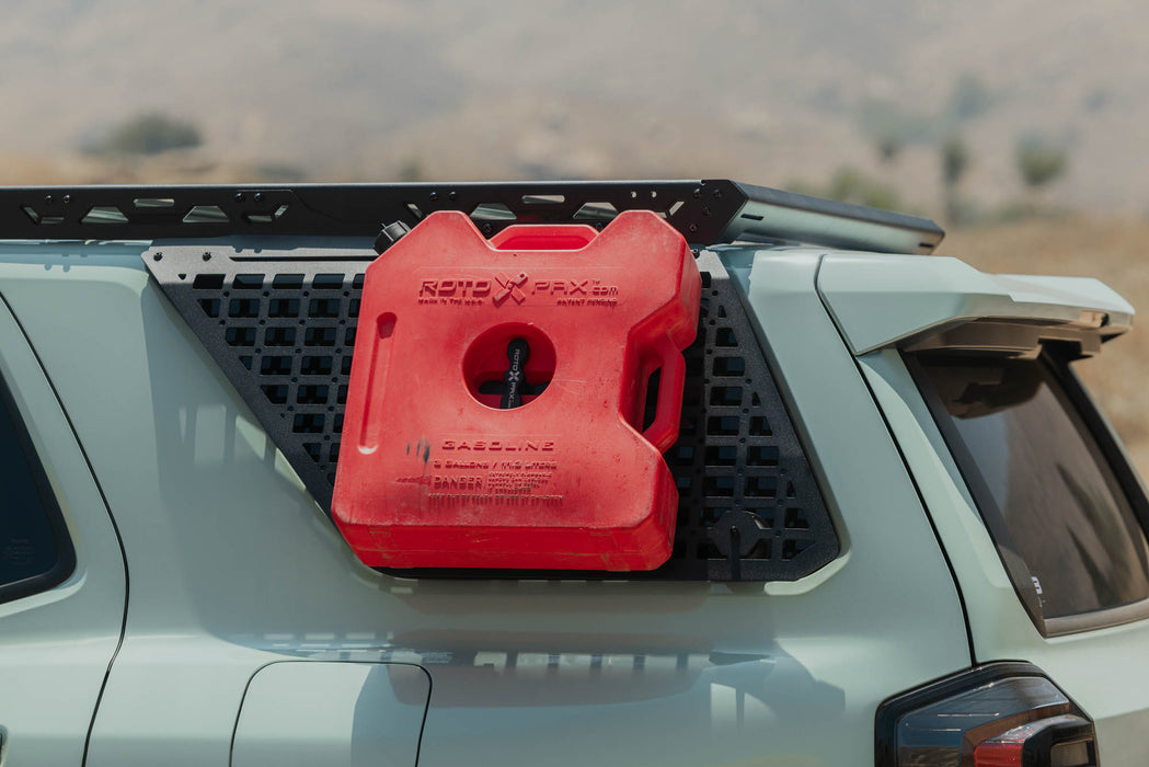 Installed 2025-2026 4Runner Exterior Window Molles for DV8 Roof Rack on Toyota 4runner with RotoPax fuel can attached