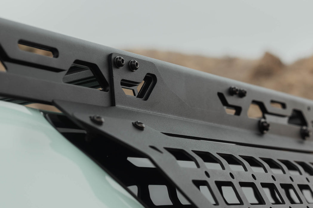 Detail view of 2025-2026 4Runner Exterior Window Molle Panels mounted on DV8 Spec Series Roof Rack
