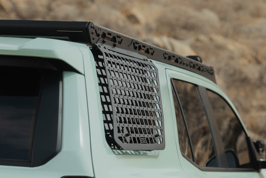 Rear-angle view of 2025-2026 4Runner Exterior Window Molles for DV8 Roof Rack installed on passenger side of Toyota 4Runner