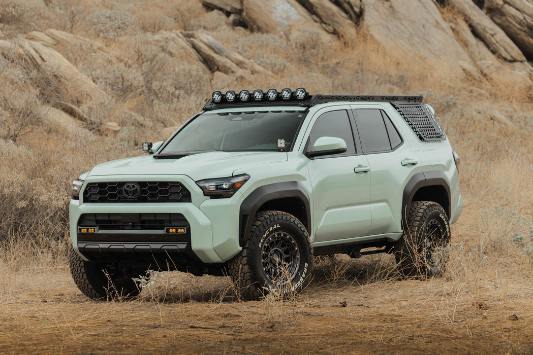 Full view of Tooyota 4runner with 2025-2026 4Runner Exterior Window Molles for DV8 Roof Rack attached to Spec Series Roof Rack for Toyota 4Runner