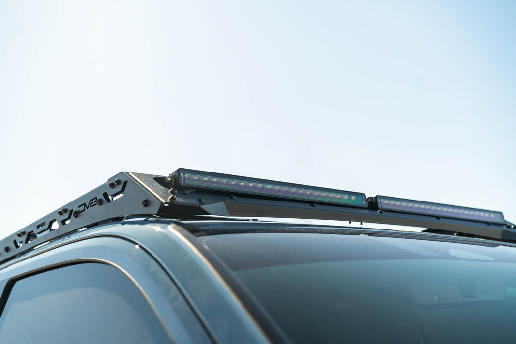 Two 20" light bars on the 6th Gen Toyota 4Runner Roof Rack Light Cutout