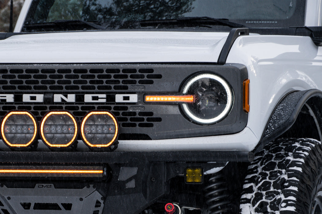 Our Ford Bronco Black Headlights are IP67 Rated, photographed here in frozen, snowy conditions.