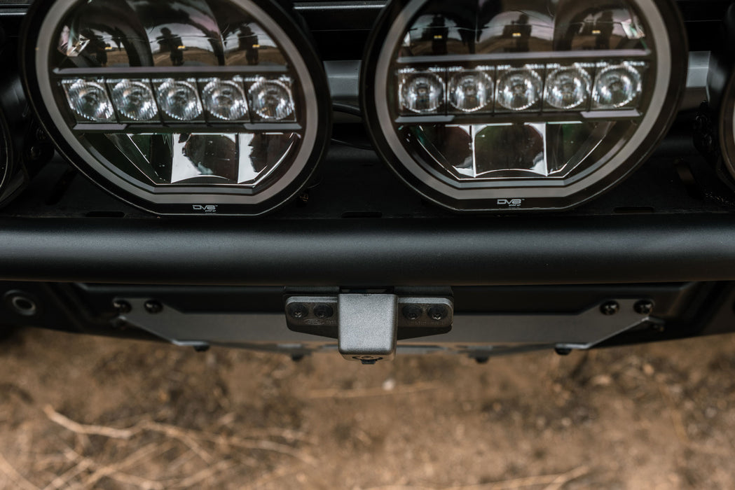 Top-down angle view of installed Ford Bronco & Bronco Raptor Tube Front Bumper Camera Relocation Bracket 