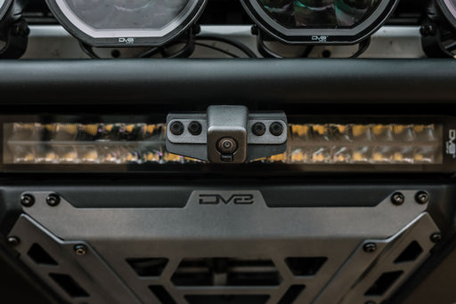 Close-up view of installed Ford Bronco & Bronco Raptor Tube Front Bumper Camera Relocation Bracket 