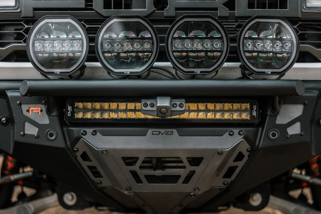 Front view of installed Ford Bronco & Bronco Raptor Tube Front Bumper Camera Relocation Bracket by DV8