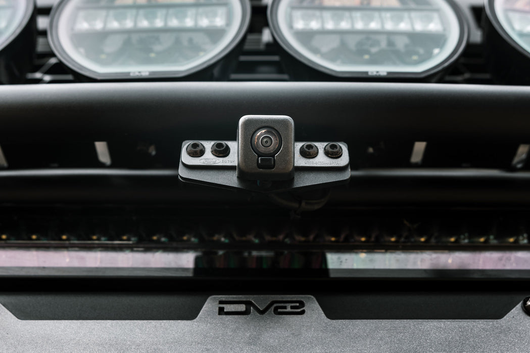 Low-angle view looking up at installed Ford Bronco & Bronco Raptor Tube Front Bumper Camera Relocation Bracket 