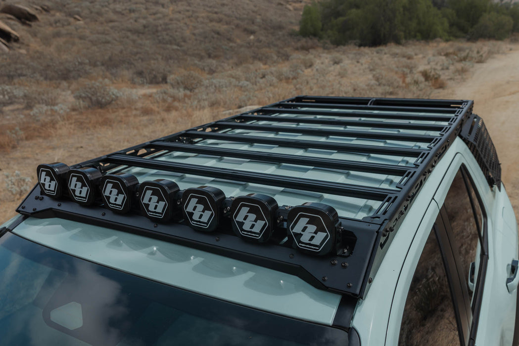 High front angle of Baja Designs XL Linkable Lightbar installed on DV8 Toyota Roof Rack using Baja Designs Linkable Lightbar 