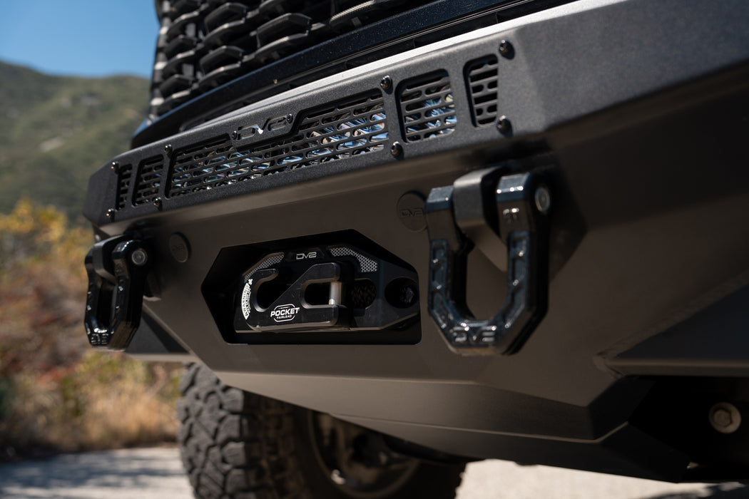Concealed winch plate and fairlead on the 2024+ Ford F-150 Spec Series Front Bumper with center lighting behind grille
