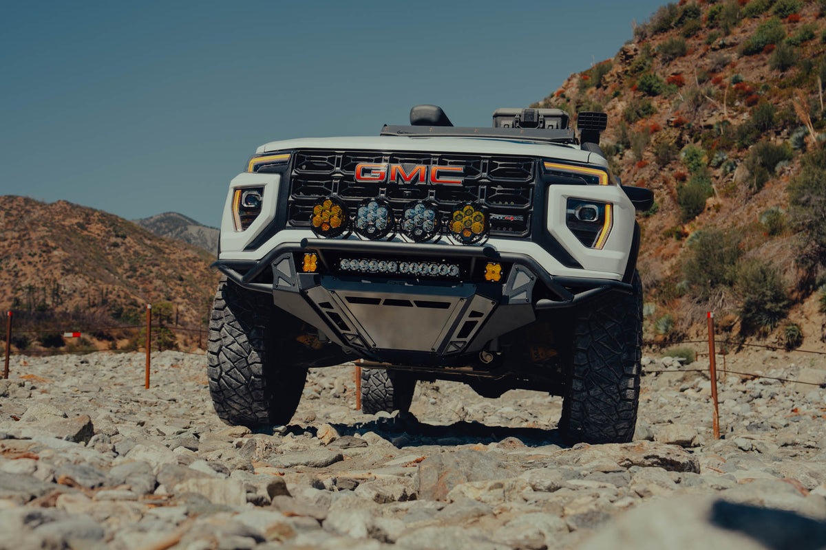 GMC Canyon on rocky trail with GMC Canyon Tube Front Bumper installed for 2023 and newer vehicles