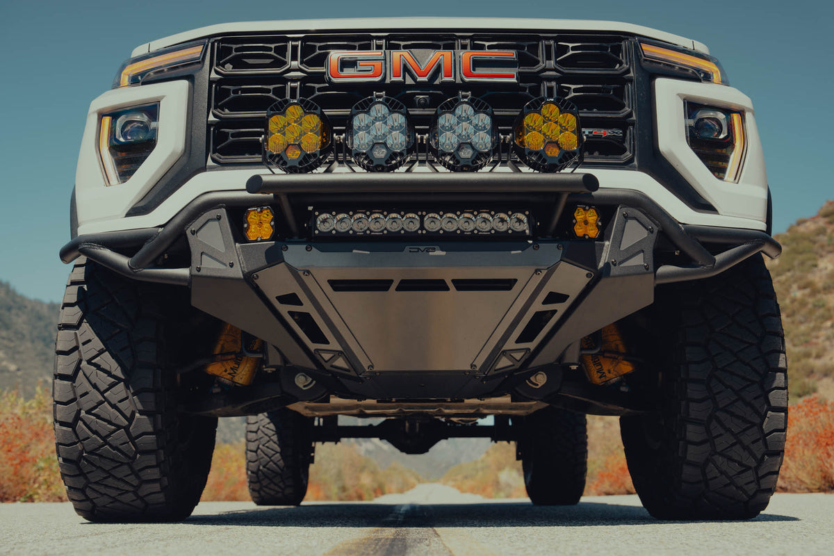 Front view of 2023+ GMC Canyon Tube Front Bumper installed with intgrated skid plate and auxiliary lighting provisions