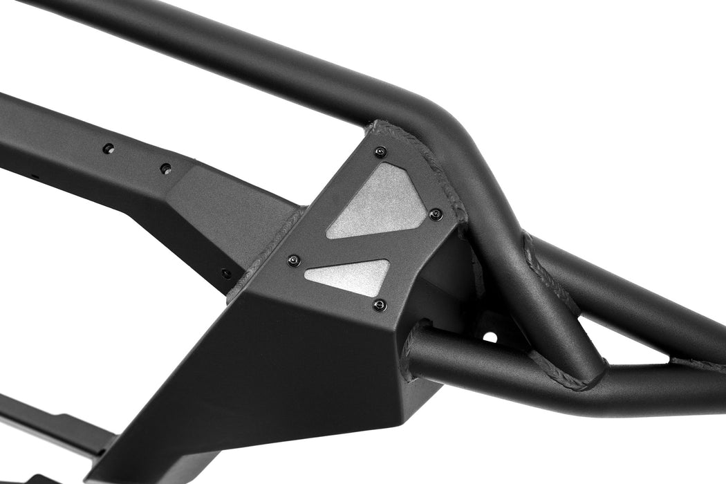Detail view of gray accent skid plates included with the 2023+ GMC Canyon Tube Front Bumper for prerunner look