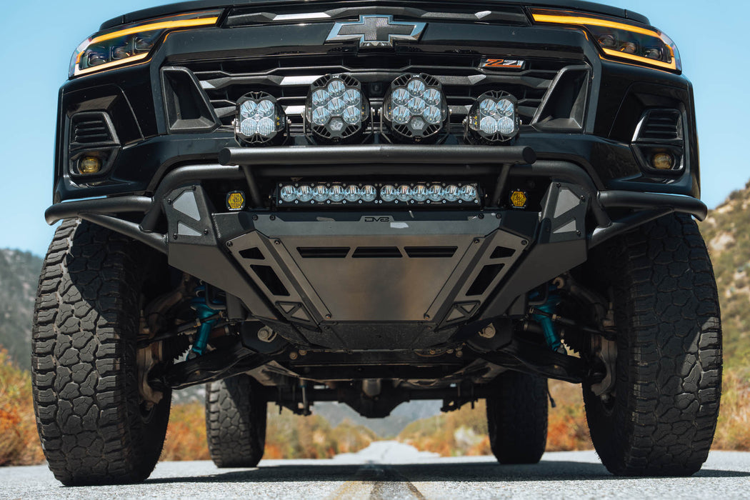 Low view of high-clearance 2023+ Chevy Colorado Tube Front Bumper installed on Trail Boss