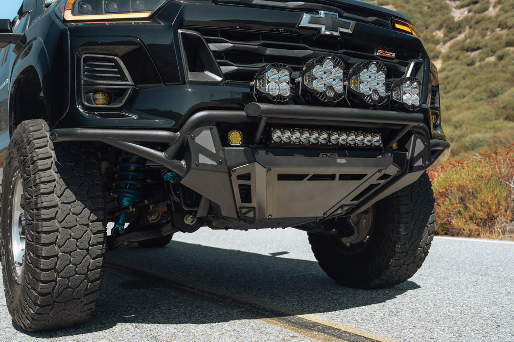 Passenger angled view of 2023+ Chevy Colorado Tube Front Bumper installed with integrated skid plate and push bar 
