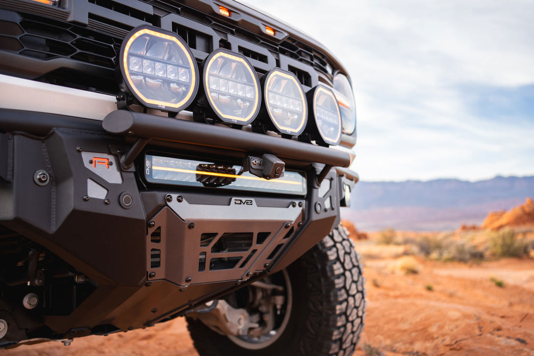 Front view of Ford Bronco Raptor with Tube Front Bumper in a desert setting