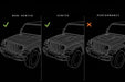 A black-and-white infographic comparing vented and non-vented fitment on a Jeep, with three side-by-side wireframe car views labeled 'NON-VENTED,' 'VENTED,' and 'PERFORMANCE,' plus green checkmarks and an orange X on a black background. Performance Hoods do not fit.
