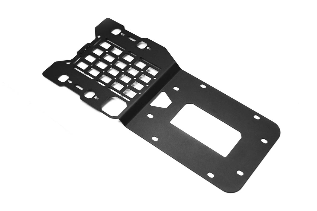 Black metal bracket with grid pattern on a white background