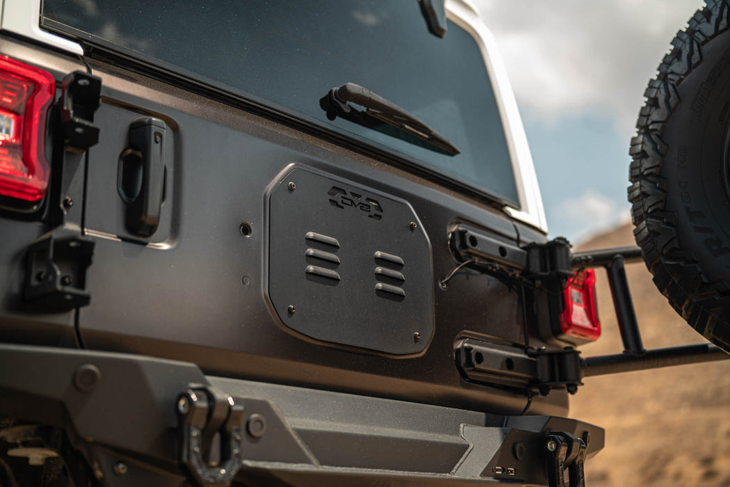 2018-2025 Jeep Wrangler JL Body Mounted Tire Carrier, outward position.
