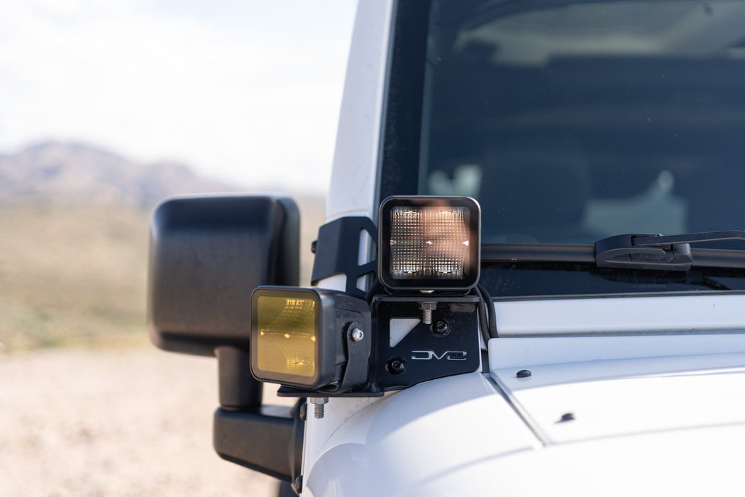 Front view of 2007-2018 Jeep Wrangler JK Dual Pod Light Mounts installed with dual lights on each side of the hood