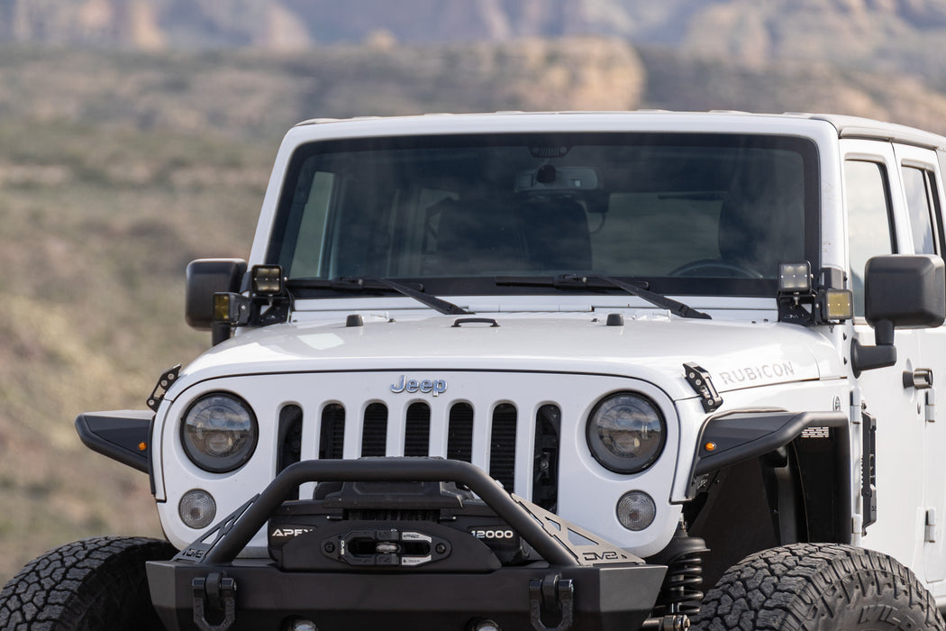 Front angle view of installed 2007-2018 Jeep Wrangler JK Dual Pod Light Mounts