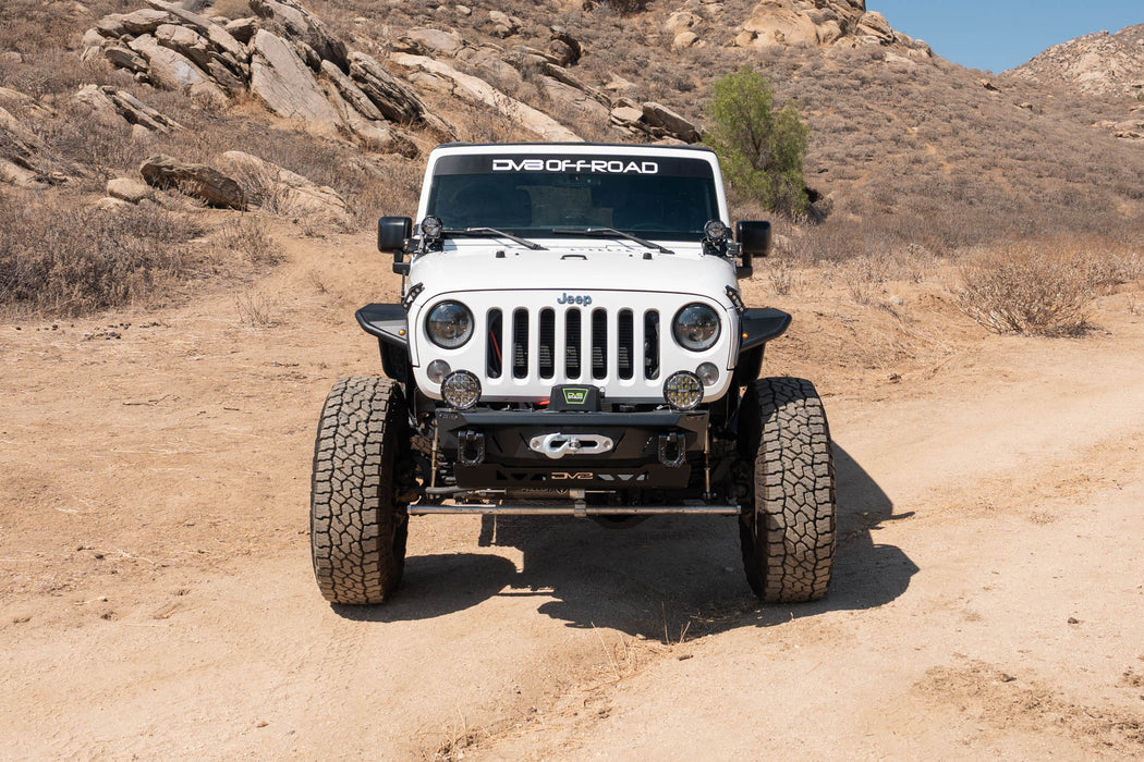 Front view of Jeep JK with installed Dual Light Pod Mounts with Rigid Lights