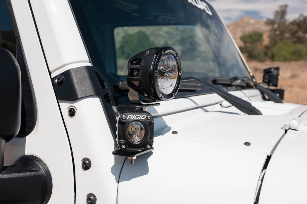 2007-2018 Jeep Wrangler JK Dual Pod Light Mounts with dual rigid lights on A-pillar