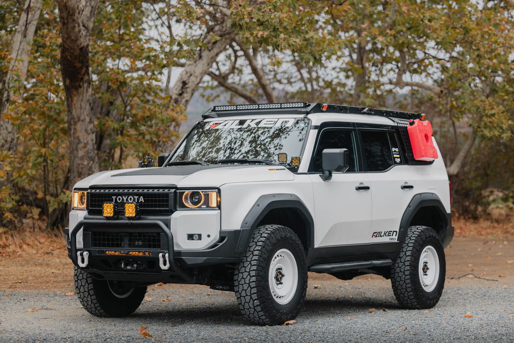Toyota Land Cruiser with DV8 Spec Series Roof Rack, rear molle panels, front bumper, and 2024+ Toyota Land Cruiser Ditch Light Brackets made specifically for Land Cruiser and Lexus GX550
