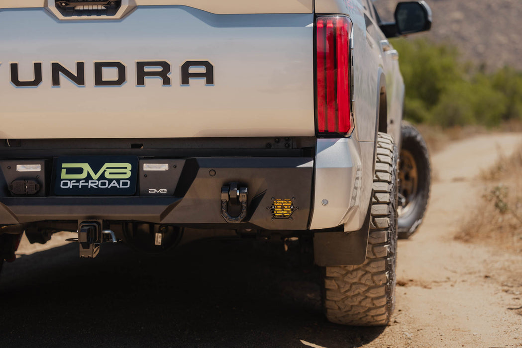 Closer view of Toyota Tundra Spec Series Rear Bumper installed with D-ring shackles and 3" pod lights installed