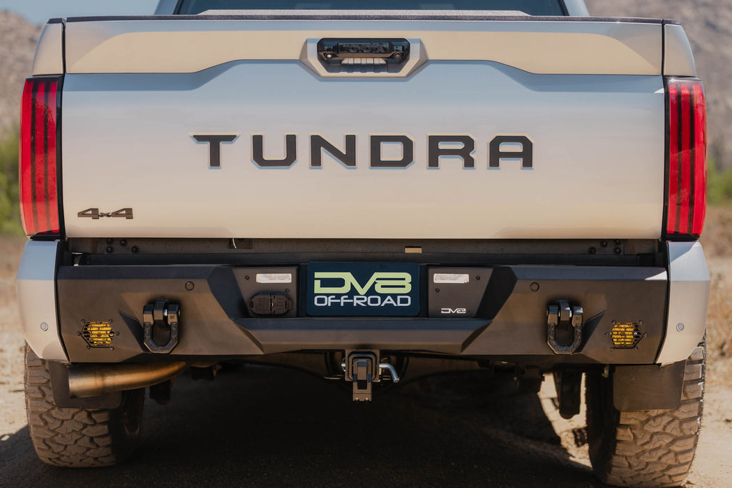 Closer rear view of DV8 Tundra TRD 4x4 with 2022+ Toyota Tundra Spec Series Rear Bumper installed 