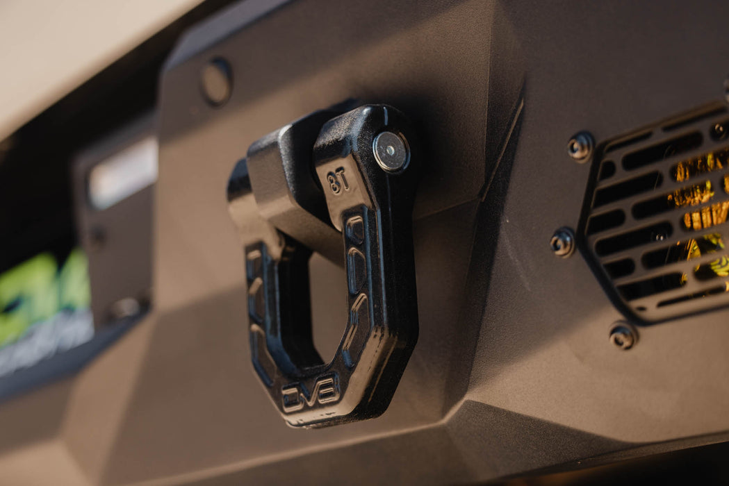 Close up view of DV8 D-Ring shackle installed on 2022+ Toyota Tundra Spec Series Rear Bumper