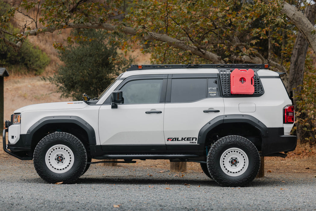 Land Cruiser with DV8 Land Cruiser Roof Rack installed with 2024+ Toyota Land Cruiser & Lexus GX 550 Exterior Window Molle Panels with Rotopax fuel container attached