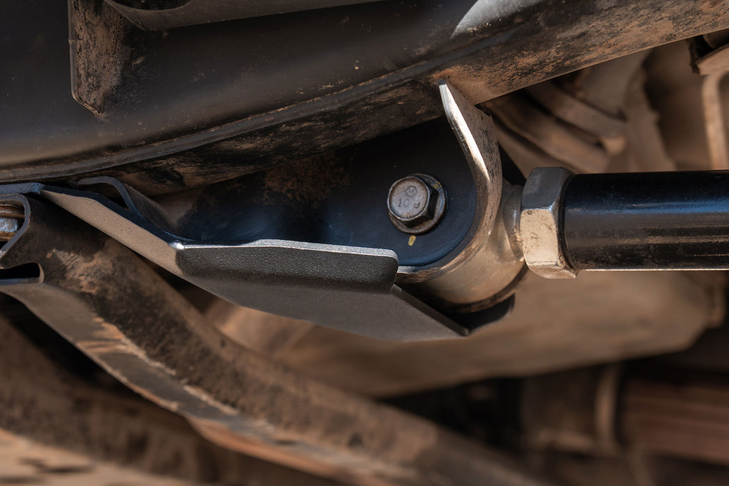 Close up view of installed 2007-2018 Jeep Wrangler JK Front Frame Link Skid Plates