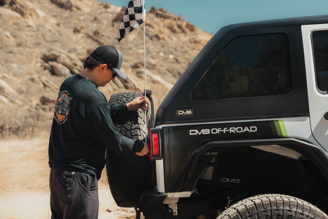 Person using the Universal Molle Adjustable Antenna & Whip Mount to mount flag on vehicle