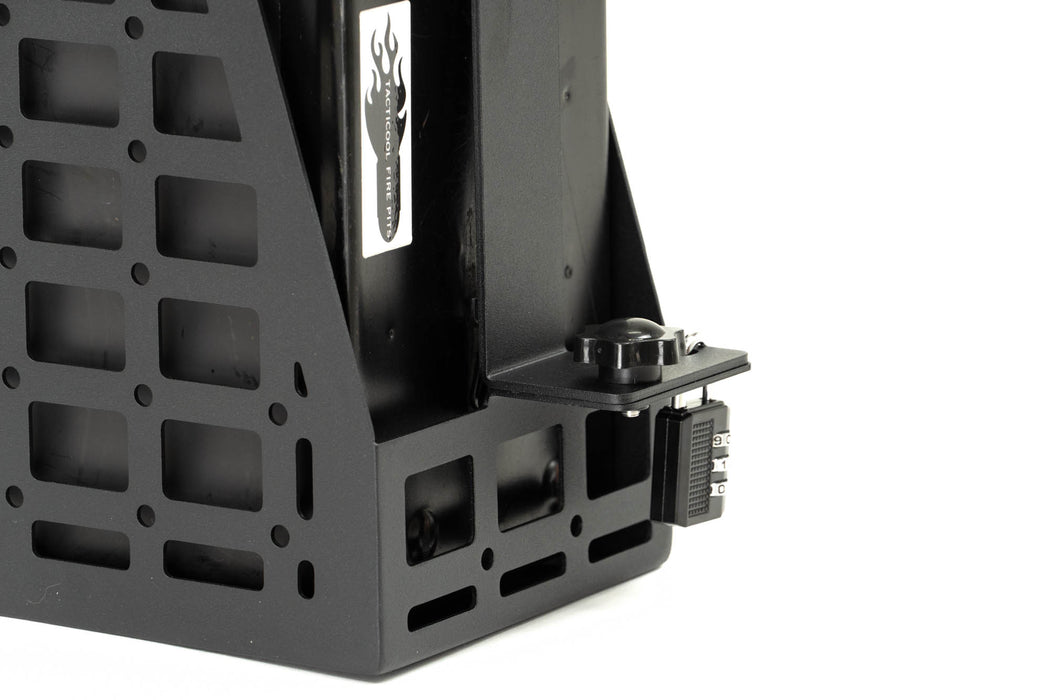 Detail view of padlock location and securing ammo can of Universal .50 Cal Ammo Can Carrier