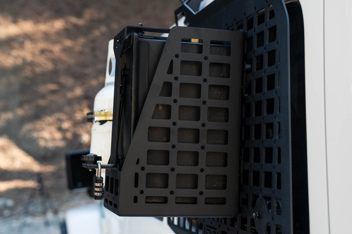 Side angle view of installed Universal .50 Cal Ammo Can Carrier