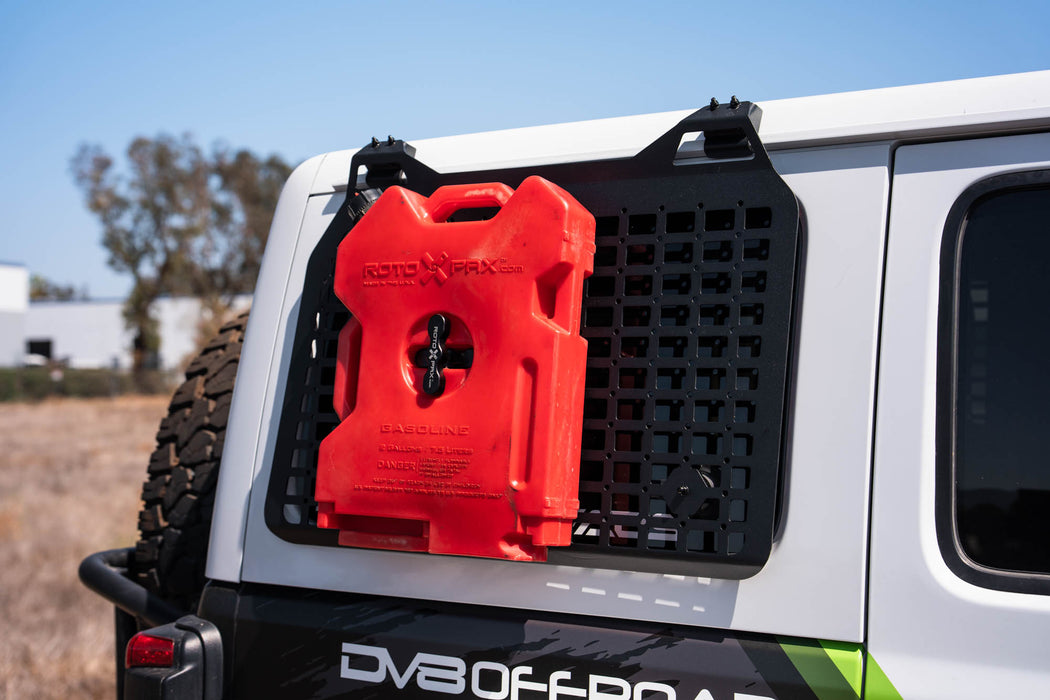 Universal Molle Panel Rotopax Mount installed with fuel jug