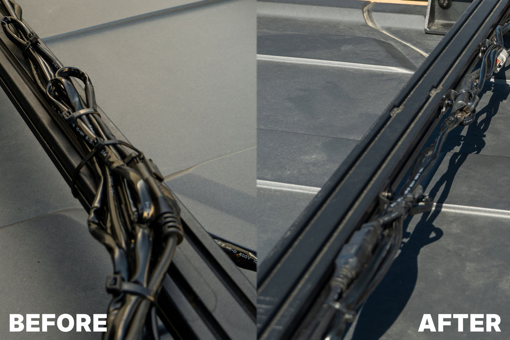 Before and after views of using DV8 Zip Tie Tabs for securing wiring to roof rack crossbar