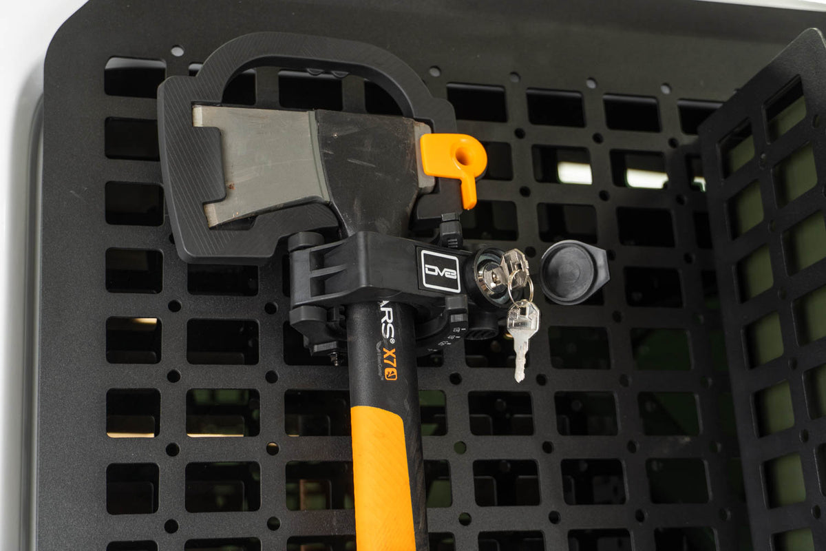 Universal Locking Tool Clamp installed with axe showing key lock