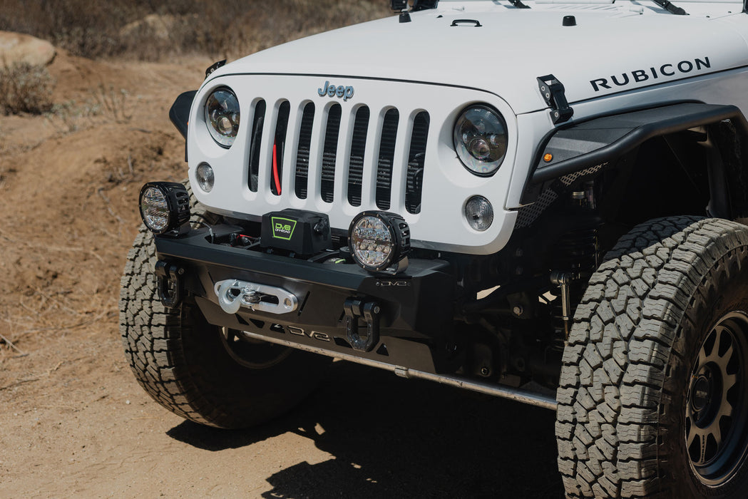 DV8 Xtract 9.5k Synthetic Rope Winch insalled on Jeep Rubicon with upgraded bumper