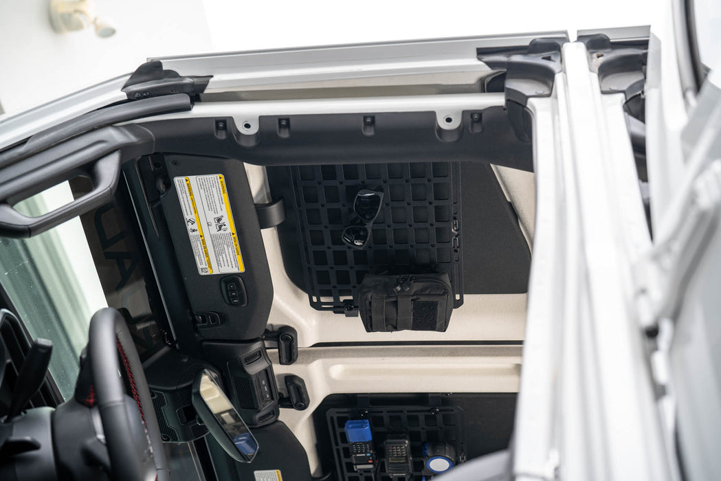 Jeep Wrangler JL Roof Mounts with 15” x 12” Molle Panel installed on driver side